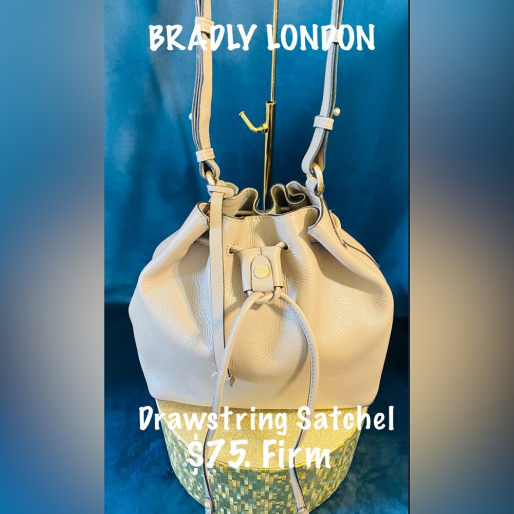 BRADLY  LONDON Drawstring Satchel 💯Genuine Taupe Leather  Bag.